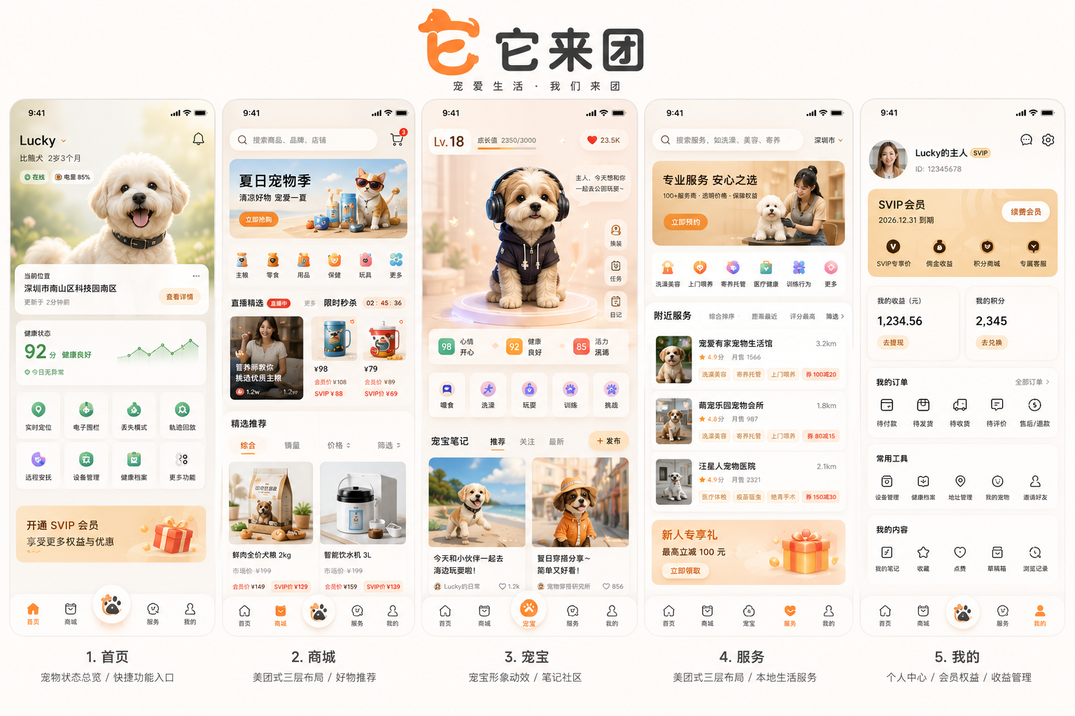 它来团消费者端首页、商城、宠宝、服务和个人中心整体视觉